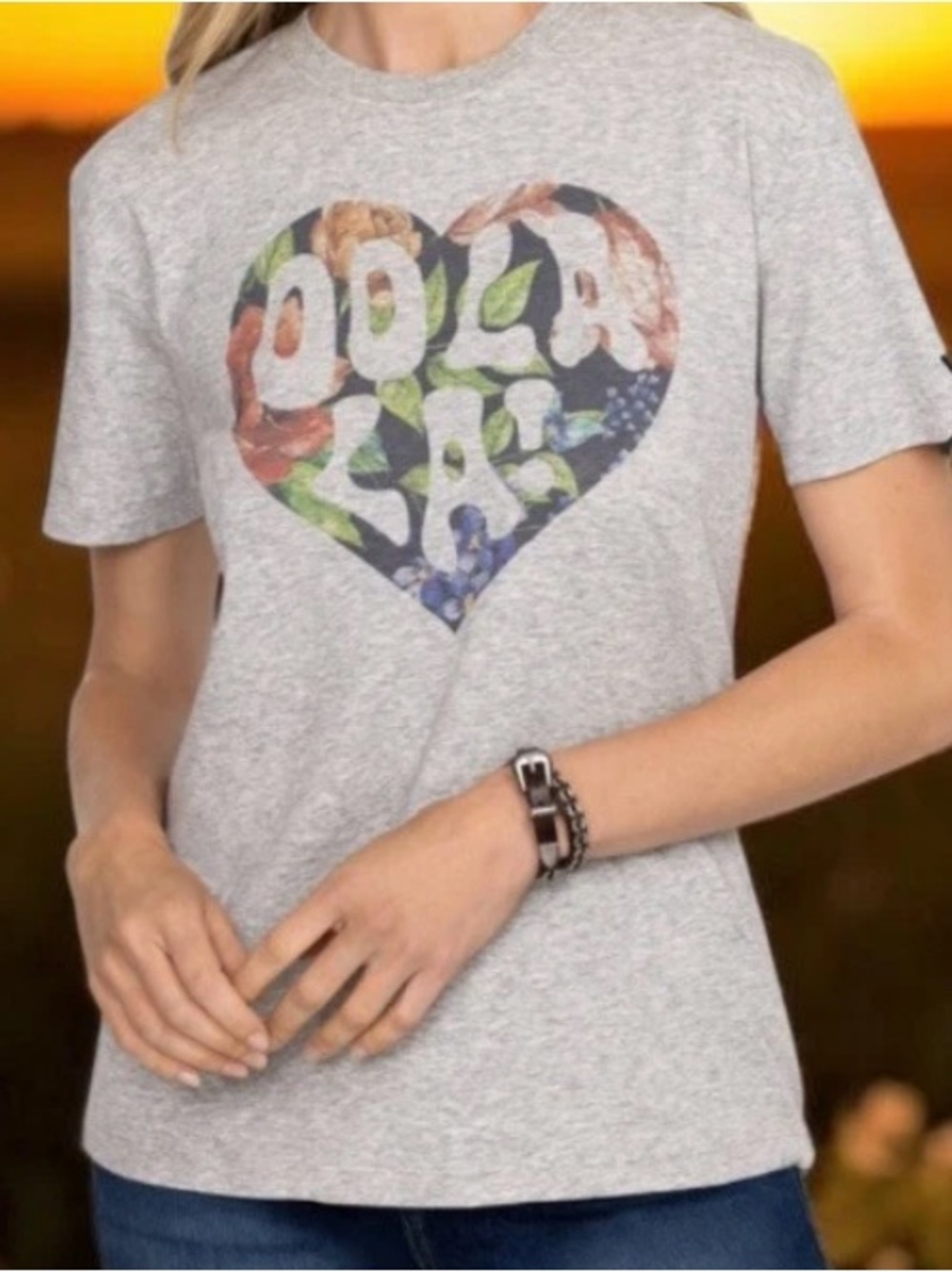 JOHNNY WAS Heart OOLALA Tee Shirt Grey Floral Print SMALL Cotton Top $120 NWT